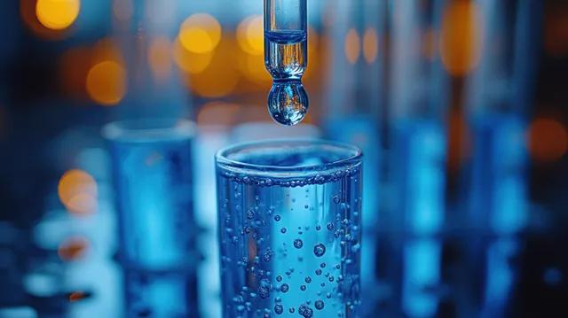 Glass dropper releasing a clear droplet into a beaker in a soft blue lab