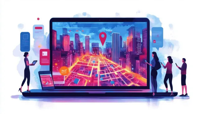 Laptop showing a city map with a location pin, surrounded by people using phones.