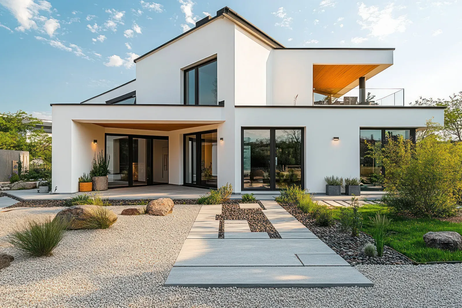 Modern two-story white house with glass windows and a covered patio, framed by a gravel walkway and planted garden.
