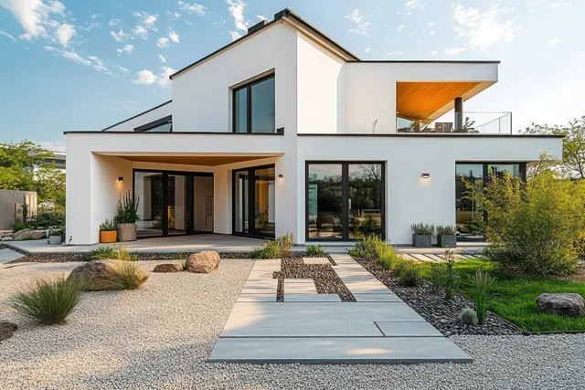 Modern two-story white house with glass windows and a covered patio, framed by a gravel walkway and planted garden.