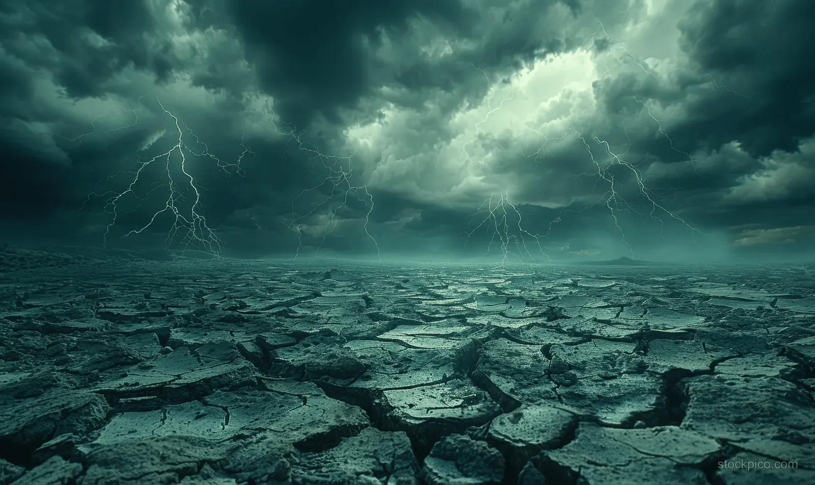 Cracked dry earth stretches beneath dark storm clouds as lightning bolts flash over a barren landscape.