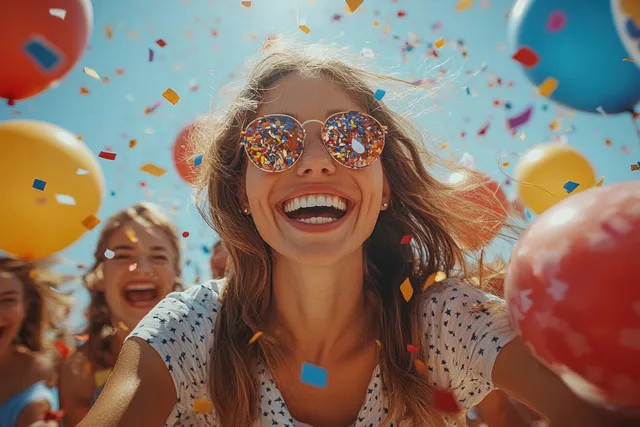 Smiling child celebrates Independence Day at a picnic with balloons and confetti outdoors.