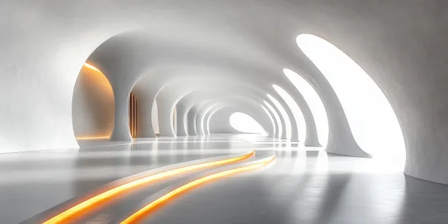 White minimalist corridor with arched niches and glowing light streaks along the floor.