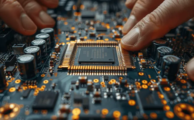 Computer technician hand installs memory chip on disassembled PC mainboard circuit