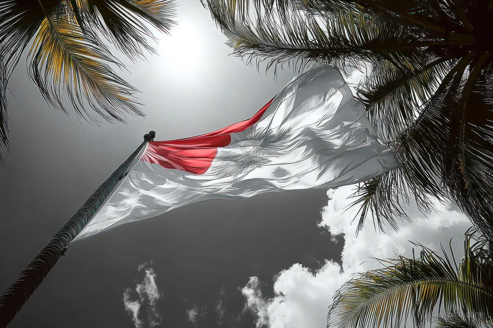 Red and white flag waves on a tall pole against a cloudy sky, framed by palm tree leaves.