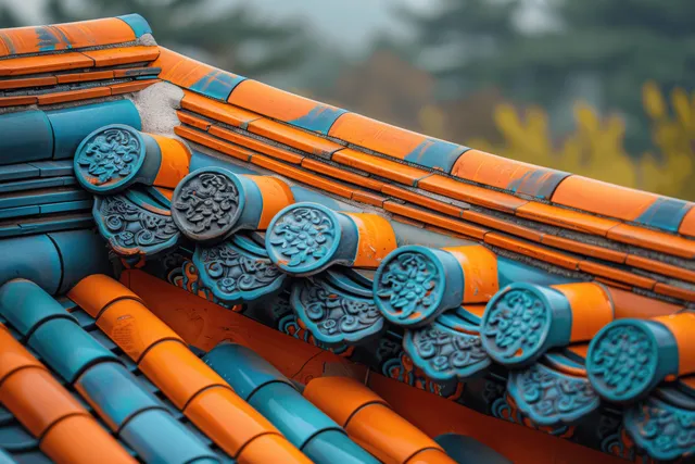 Close-up of orange and blue traditional Chinese roof tiles with carved circular decorative medallions.