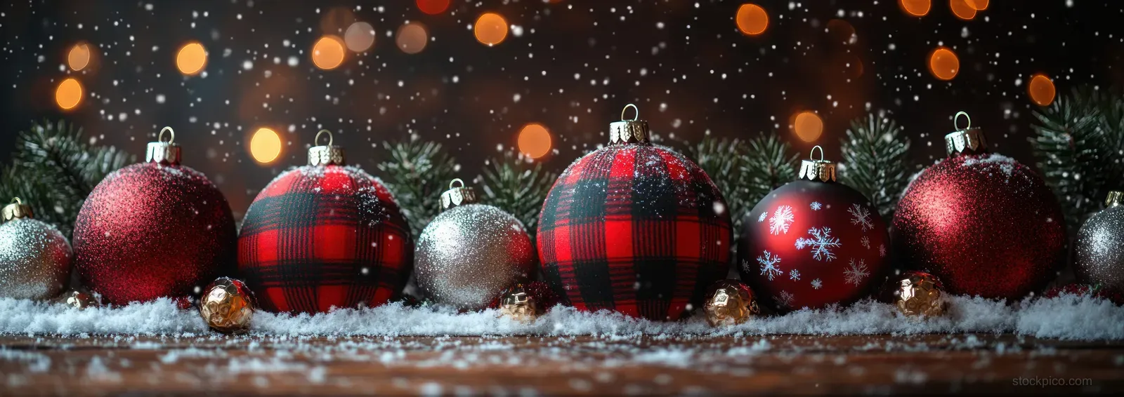 Cozy holiday scene with red and black plaid ornaments, silver baubles, and white snowflakes on a dark wooden background.