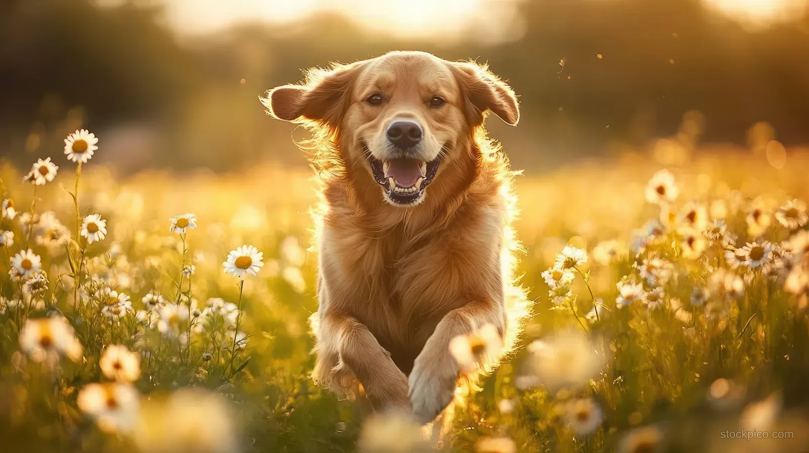 Golden retriever sprinting through sunlit daisies in a golden hour meadow with warm light and motion blur.