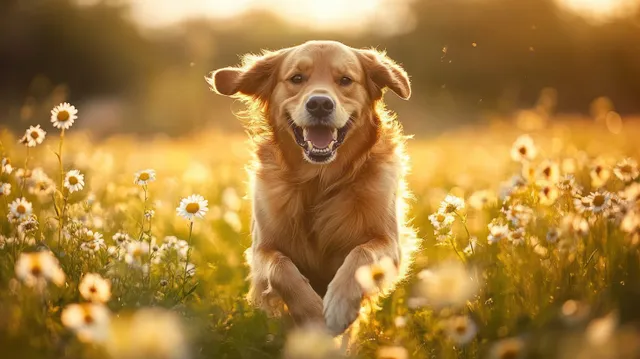 Golden retriever sprinting through sunlit daisies in a golden hour meadow with warm light and motion blur.
