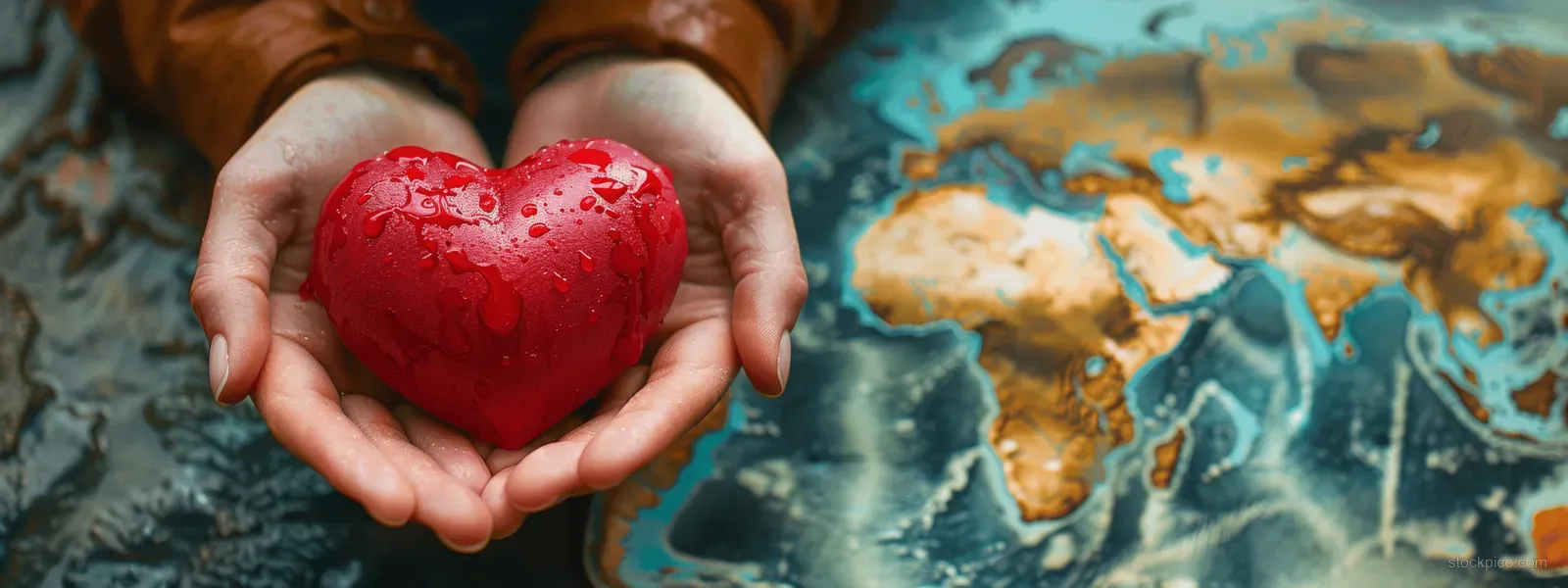 A woman’s hands hold a red heart above a world map backdrop.