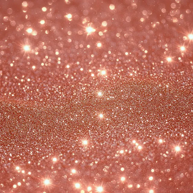 Close-up rose gold glitter background with sparkling light reflections and bokeh starbursts