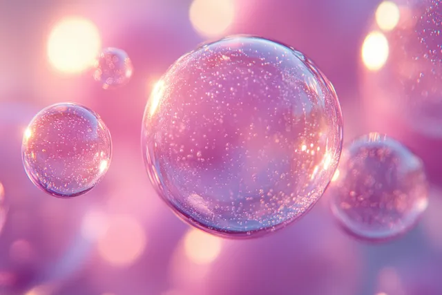 Translucent pink bubbles float over a soft pastel background with glowing bokeh lights.