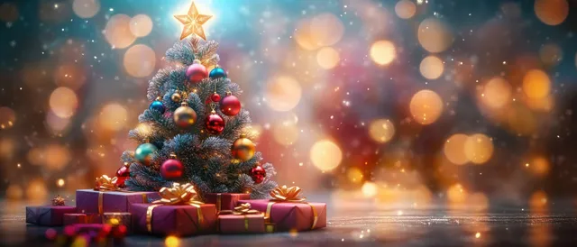 A decorated Christmas tree with ornaments and wrapped gifts under warm golden bokeh lights.