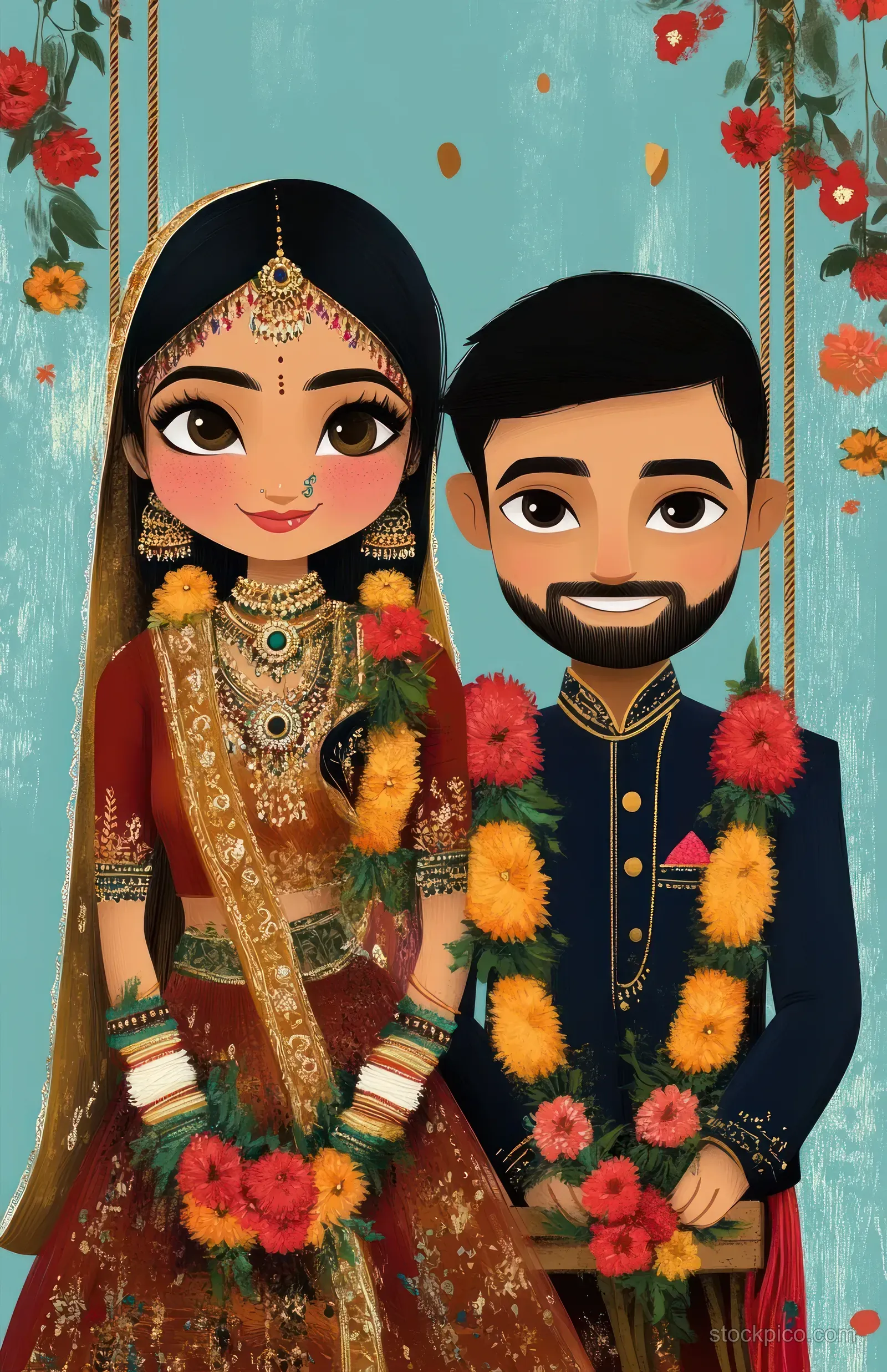 Illustrated bride and groom pose together with floral garlands and hanging flowers against a teal backdrop.