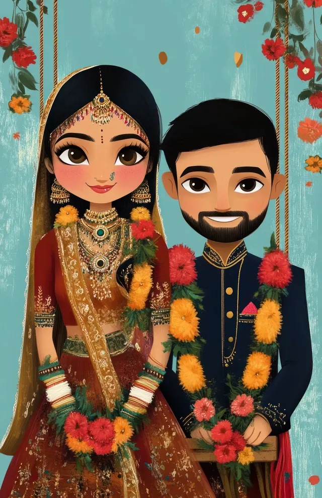 Illustrated bride and groom pose together with floral garlands and hanging flowers against a teal backdrop.