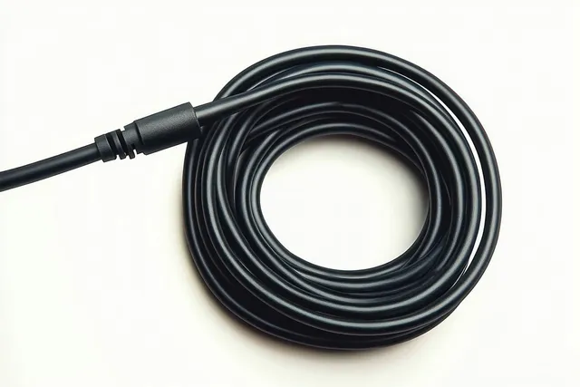 A neatly coiled black cable with a connector end lies on a plain white background.
