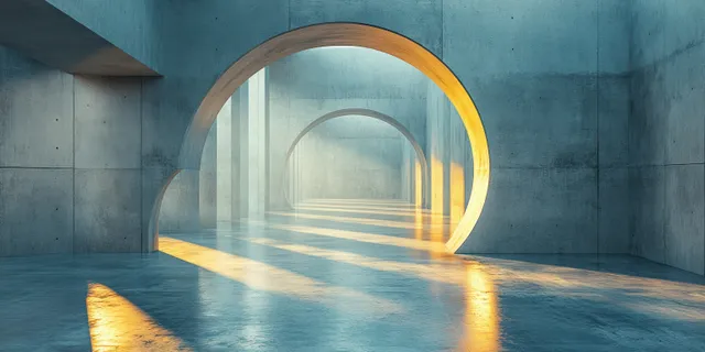Minimal concrete corridor from a high angle with glowing circular arch light reflecting on the floor.