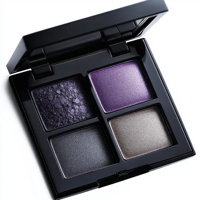 Open black compact makeup palette displaying four shimmering eyeshadows in purple, silver, and gunmetal tones.