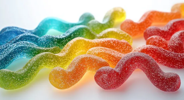 Close-up of rainbow sugar-coated gummy wavy candies arranged in rows on white background