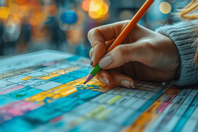 A businesswoman’s hand marks event dates on a digital calendar with a stylus beside a smartphone and colorful stickers.