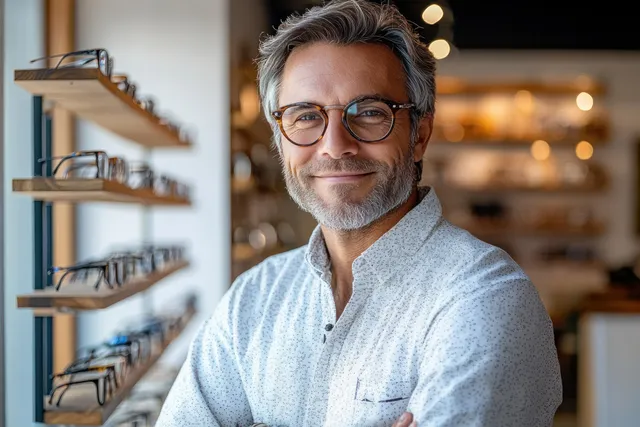Salt-and-pepper haired man standing in an eyewear shop with shelves of glasses displayed behind him.