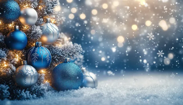 Blue Christmas tree ornaments in snowy winter scene with falling snowflakes