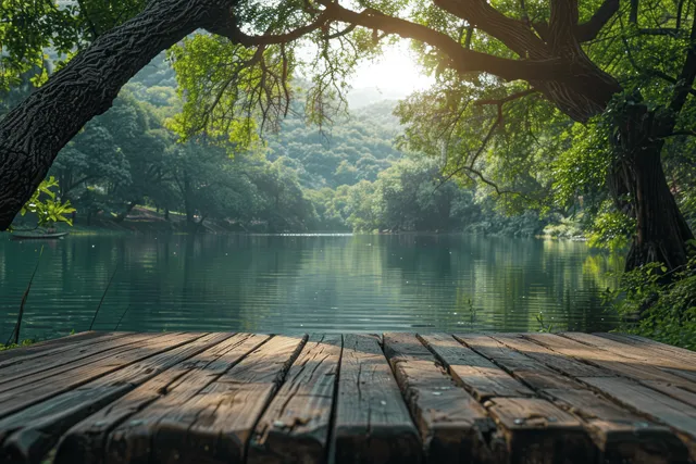 A wooden deck overlooks a calm lake with sunlit trees and shimmering reflections on the water.