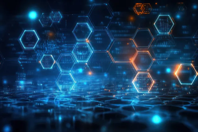 Glowing Hexagonal Data Network in Deep Space with Mathematical Symbols