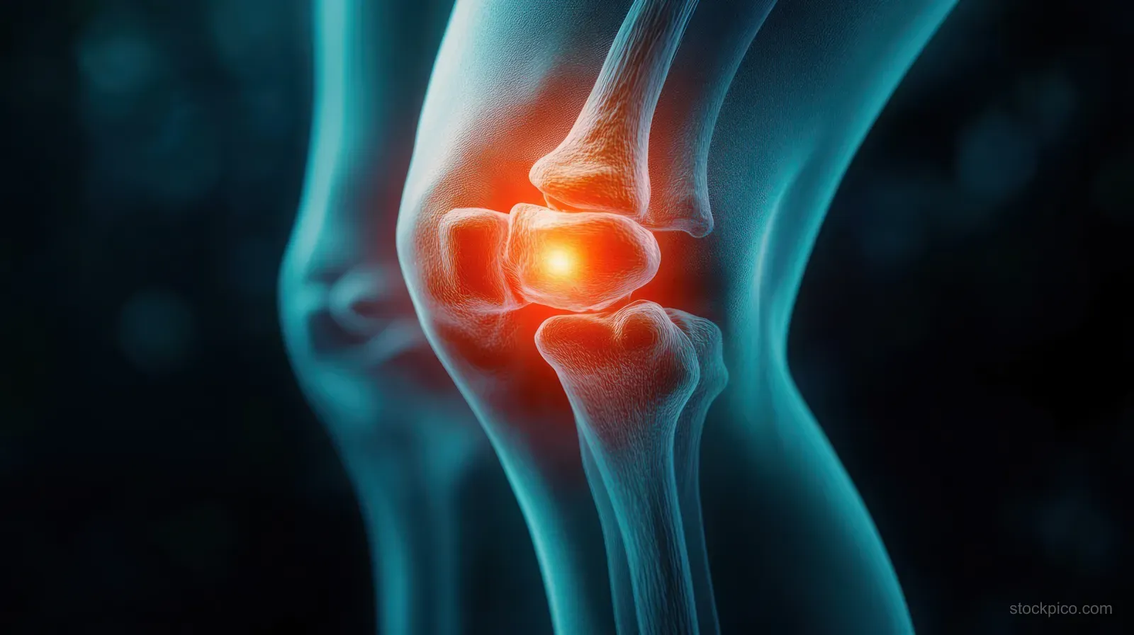 3D knee joint medical visualization with glowing red pain area on the joint.