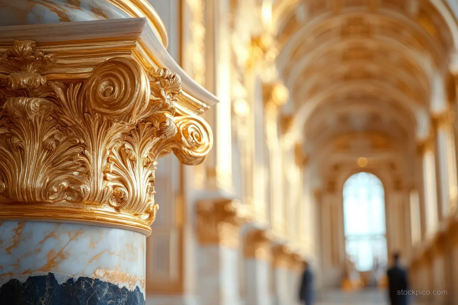 Ornate golden Corinthian column capital in the foreground of a sunlit decorated corridor with blurred figures.