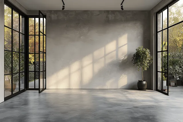 Sunlight streams through floor-to-ceiling windows onto a concrete floor with soft shadows and a small potted plant.