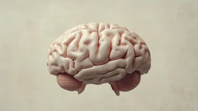 Human brain model showing cerebral cortex folds and cerebellum against a plain neutral background.