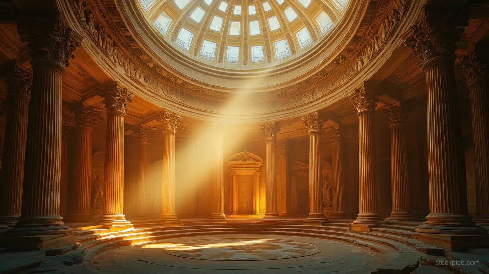 Warm sunlight pours into a circular temple interior with tall pillars and ornate stone carvings.