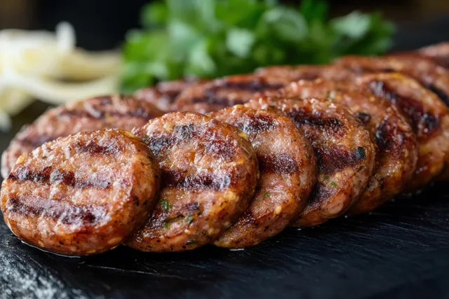 Close-up row of grilled sausage patties on dark slate with herbs blurred behind