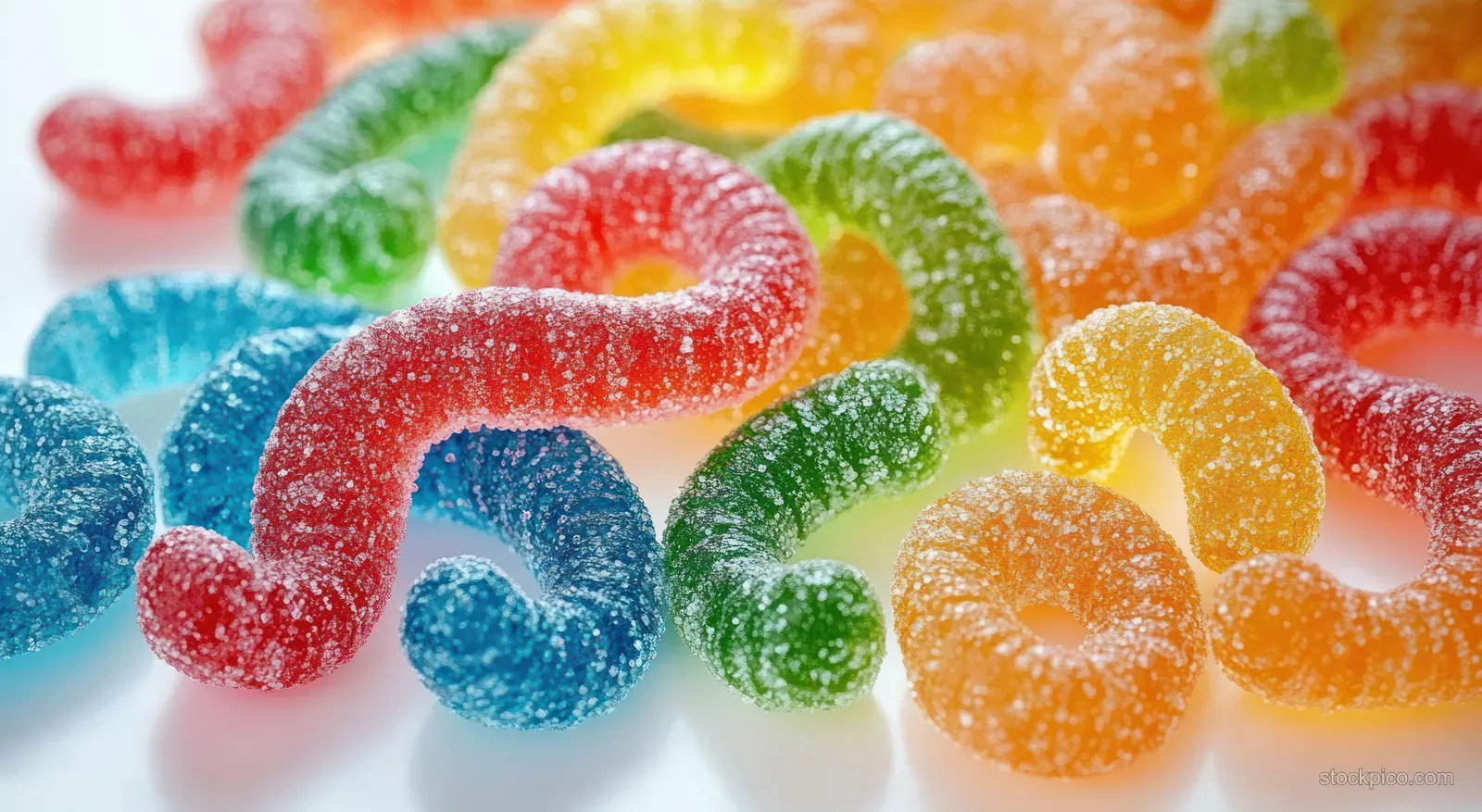 Close-up of spiral and hook shaped gummy candies coated with sugar crystals on a white background.