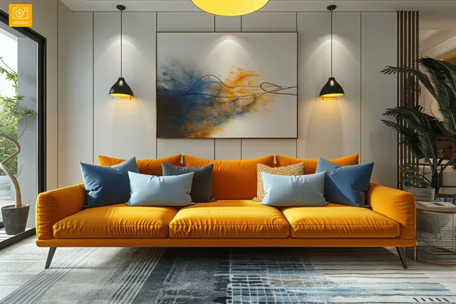 Orange sofa with blue cushions sits in a bright Scandinavian living room beneath pendant lights and abstract wall art.