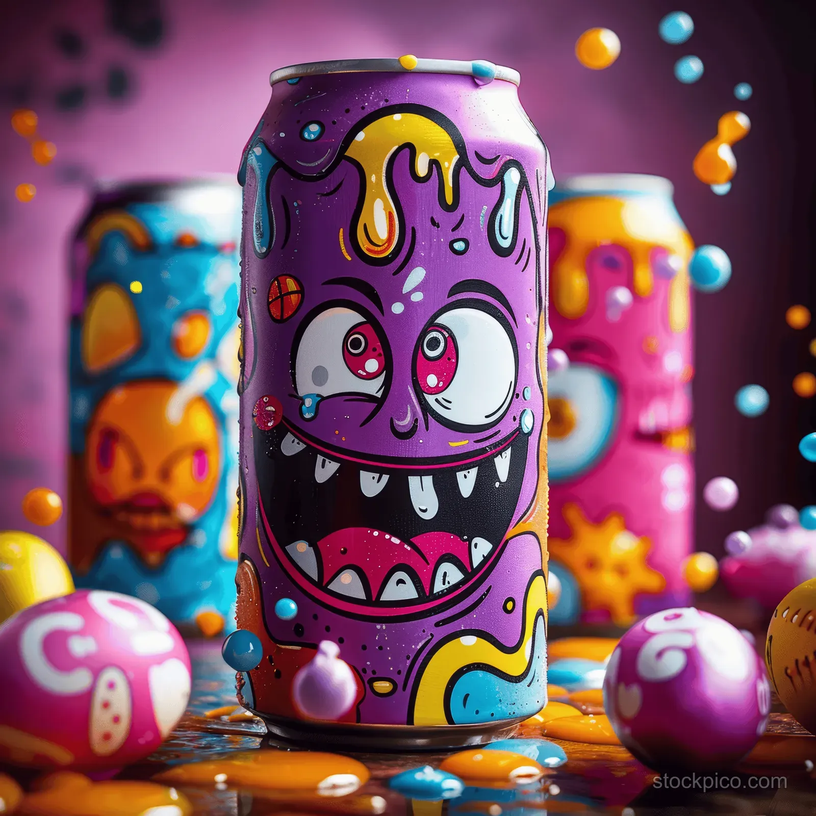 Cartoon purple energy drink can with a monster face, confetti, and colorful Easter eggs in a festive scene.