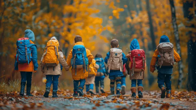 Backpacked schoolchildren walking along a leaf-covered path under warm autumn light