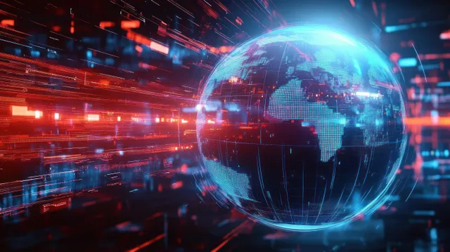 Globo digital brilhante cercado por fluxos de dados azuis e vermelhos e conexões de rede em um fundo de ciberespaço.