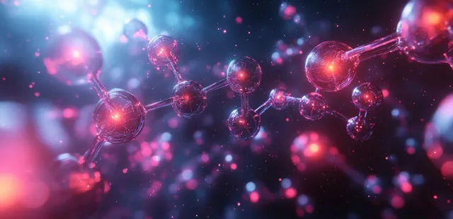 A glowing neon serotonin molecule floats in dark cyberpunk space with cyan and magenta particles.