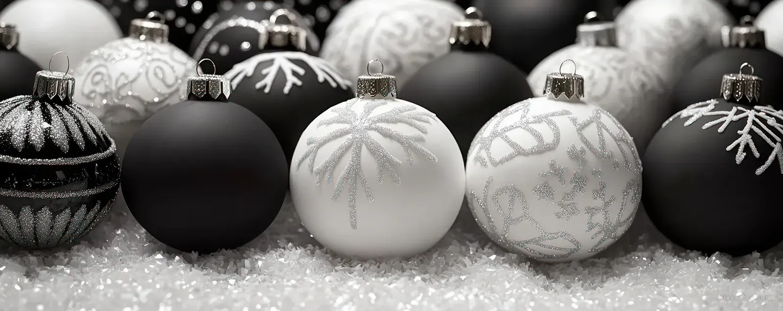 Black and white Christmas ornaments with snowflake patterns rest on glittery snow in dark light.