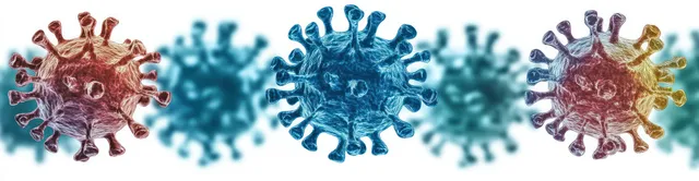 Blue and red spiky virus particles painted in watercolor float under soft diffused light on a pale background.