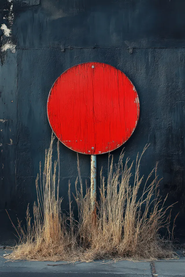 Red No Entry traffic sign on a sidewalk, ringed by tall wild grass beside a gray wall.