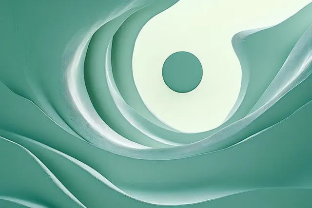 Teal spiral staircase interior seen from below toward a circular skylight emitting soft natural light.