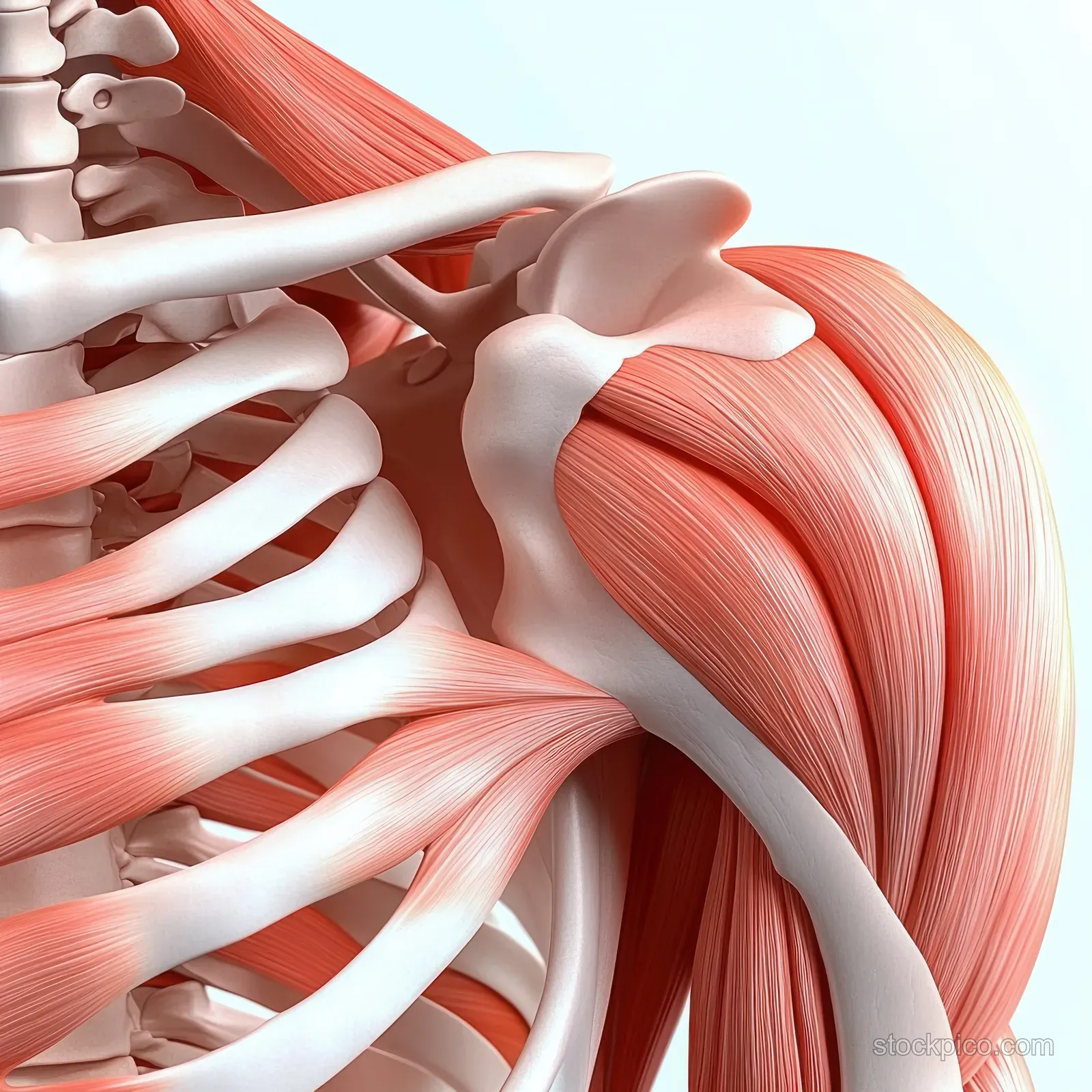 Anterior view anatomical illustration showing the deltoid muscle with clavicle and scapula bones and surrounding tissue layers.