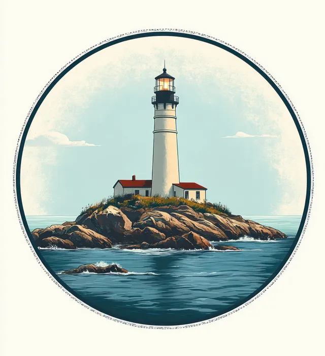 A lighthouse with a glowing beam stands on a rocky island surrounded by calm ocean under a clear sky.