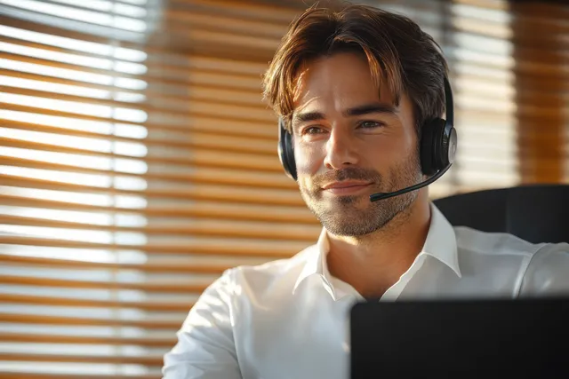 An Asian businessman in a white shirt wears a headset while speaking on a video call at his desk.