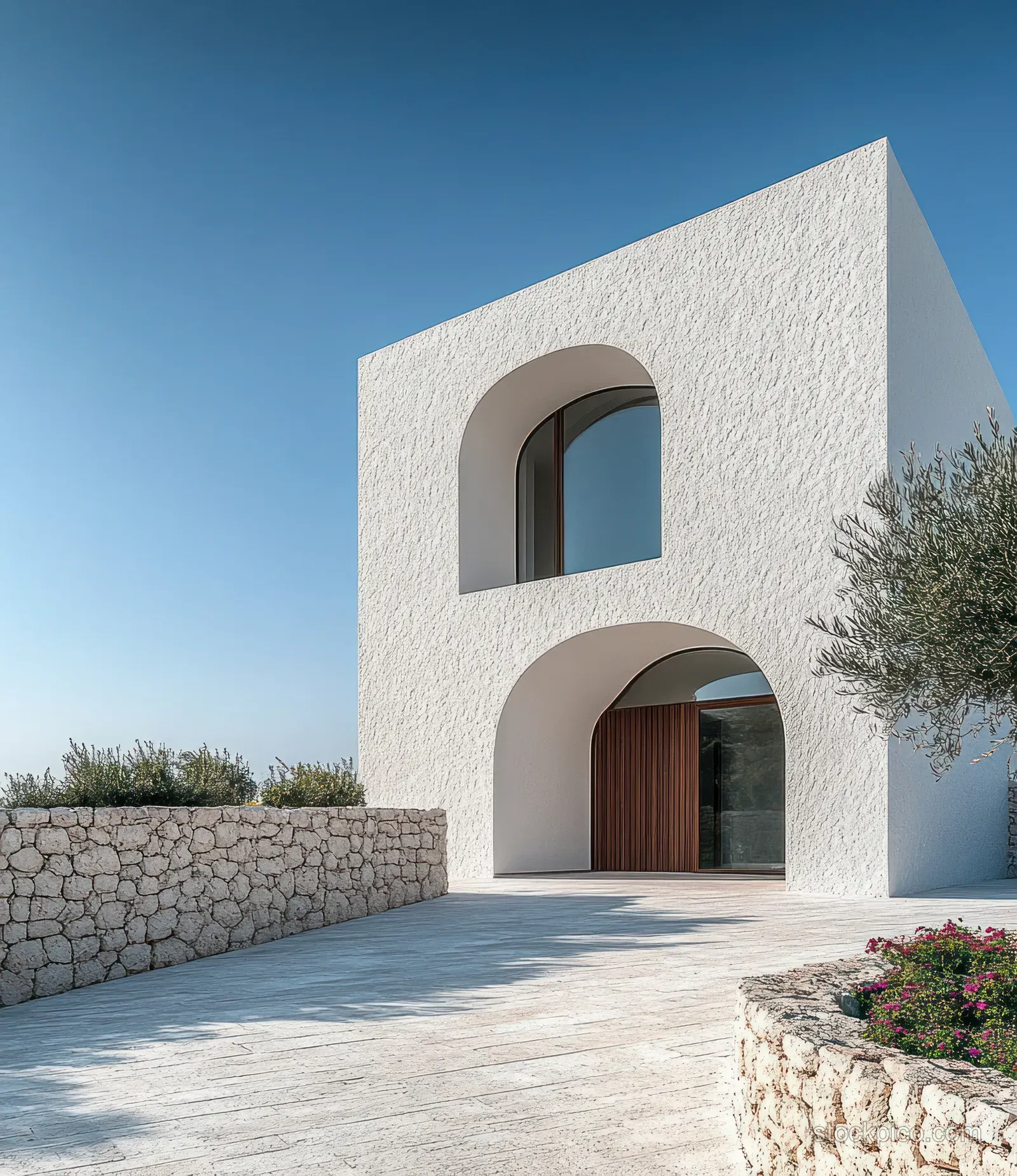 White stucco home exterior with arched windows, a wooden door, stone walls, and a clear blue sky.