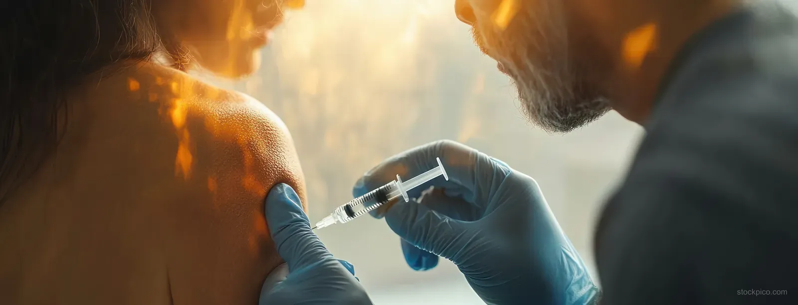 A gloved healthcare worker injects a vaccine syringe into a patient’s arm in a clinic under soft light.