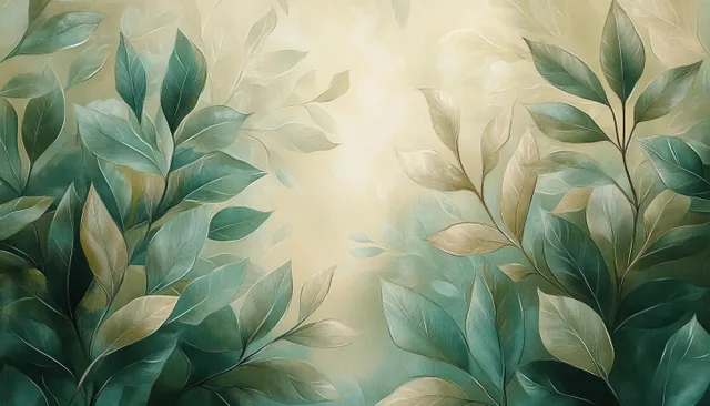 Botanical leaf illustration with layered pastel foliage on a textured wall background